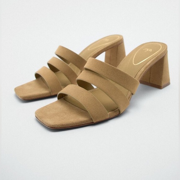NWT. Zara Tan Split Suede Middle Heel Strappy Sandals. Size 9. - Picture 2 of 11
